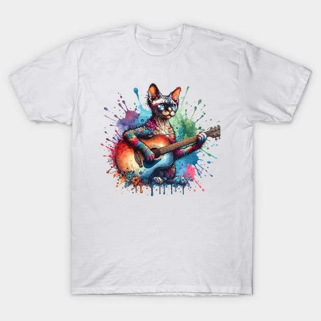 Devon Rex Cat Playing Guitar T-Shirt by Graceful Designs